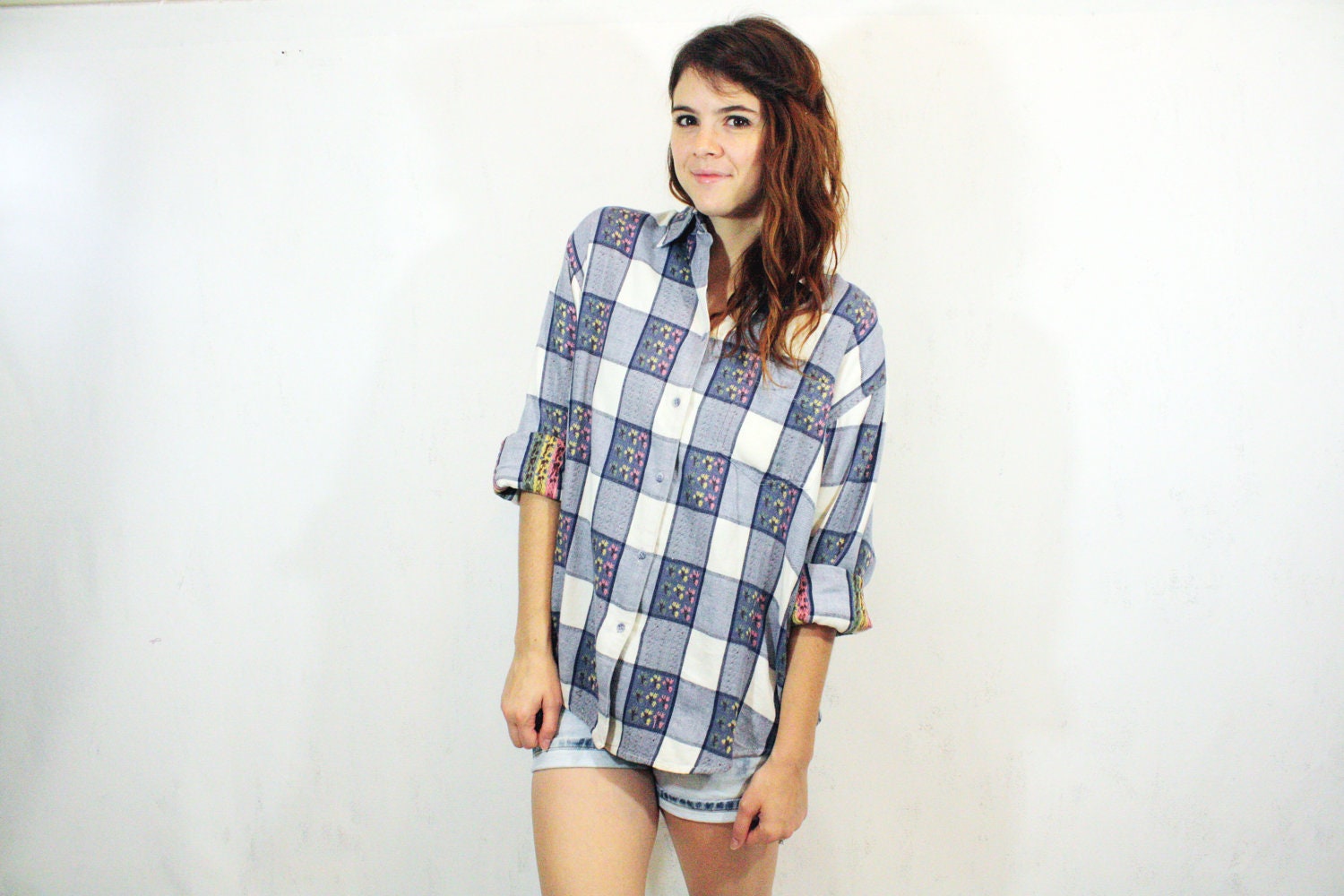 Checkered Floral Flannel Blouse M L