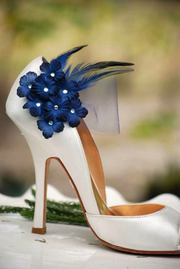 Shoe Clips Navy / Midnight Blue Flowers. Bridesmaid Bride Dark Marine, Silver or Gold Glitter / Ivory Pearls Center Tulle, Maritime Nautical