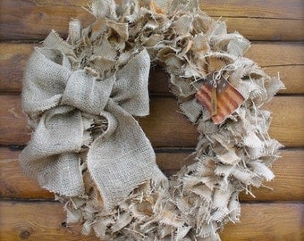 Americana Burlap Rag Wreath in Natural with Big Bow and American Flag HP