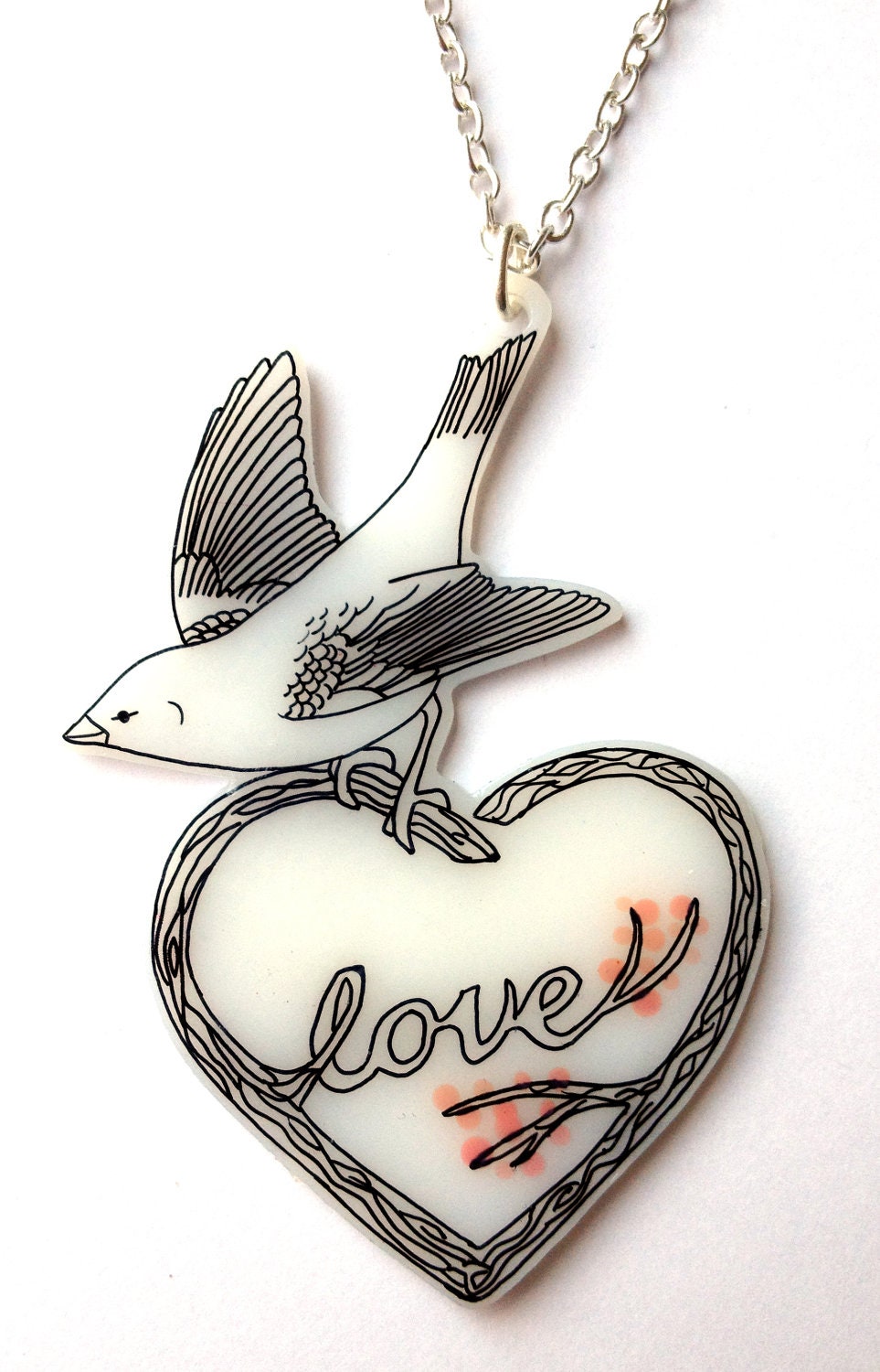 Love Bird Necklace - Bird on a Heart Shaped Tree Branch with Love and Pink Blossoms - Sparrow, Wren, Small Garden Bird