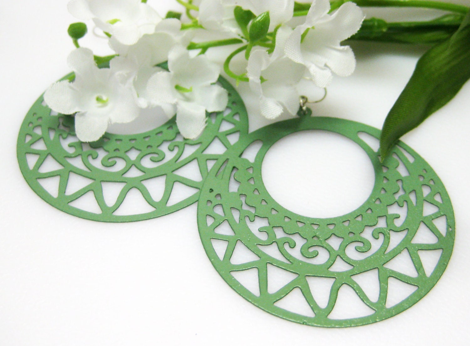 Green Hoop Earrings - Sea Green - Filigree - Large - Metal