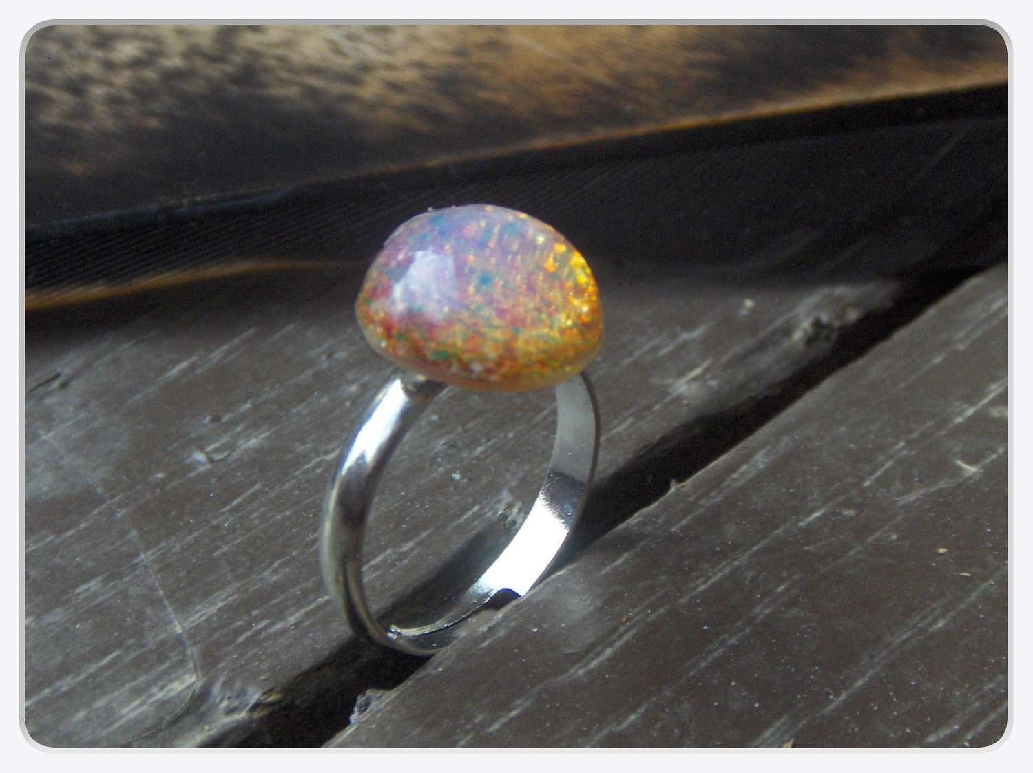 Ariadne, Goddess of the Labyrinth. Glass opalite cabochon Adjustable Ring. Stone Temples Collection