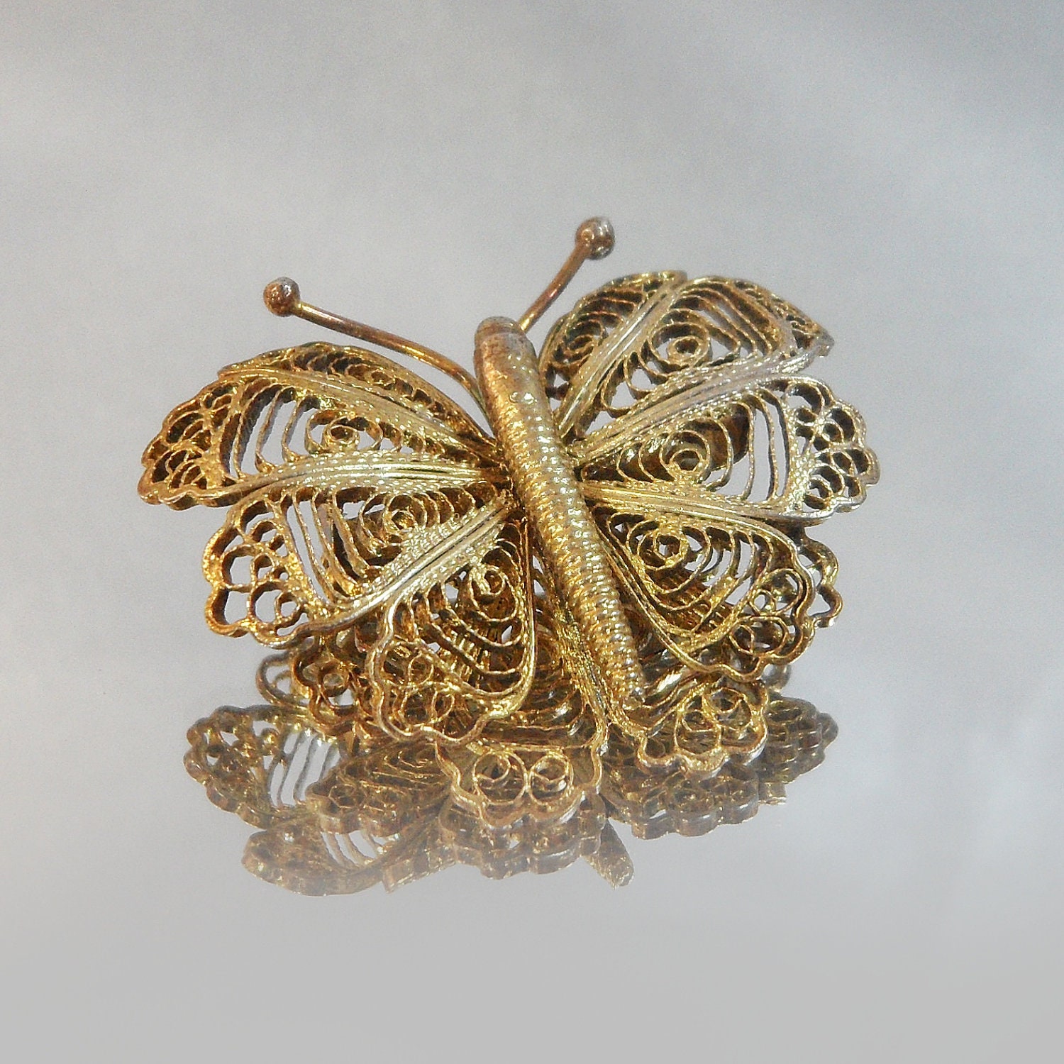Antique Victorian Brooch Gilt Filigree Butterfly Vintage Cannetille Pin