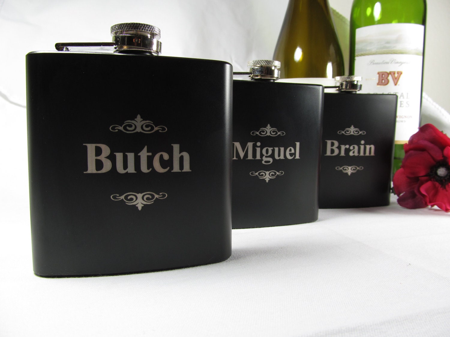 custom listing for emmydoo1 - 3 engraved name/pinstripe flasks