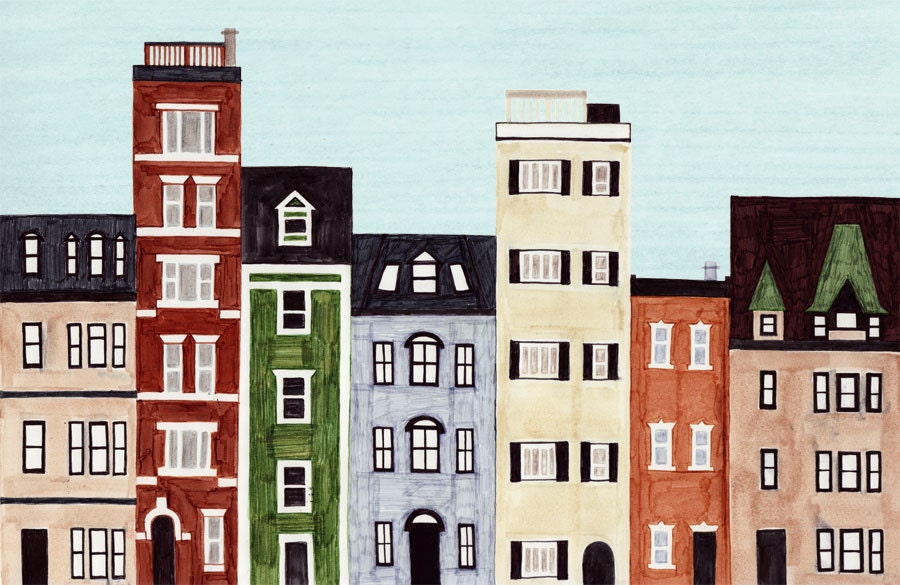 Boston, Back Bay, Massachusetts, New England, Brownstones, Historical Buildings, Homes, Row Houses, Colorful Illustration Art Print