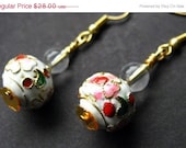 SUMMER SALE - Floral Earrings Beaded White Cloisonne Snow White Garden. Handmade Earrings.