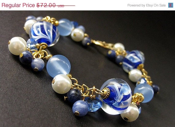 SUMMER SALE - Blueberry Swirl Lampwork Glass and Chalcedony Charm Bracelet. Handmade Artisan Jewelry by Gilliauna
