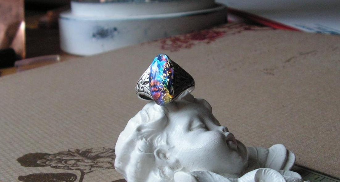 Victorian Style Ring Blue Opal with Mesmerizing Colors on Ornate sterling silver finish band