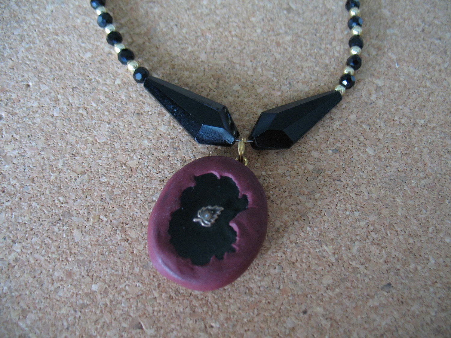 Handmade Jet Black Faceted Glass Bead Necklace with Burgandy and Black Drop