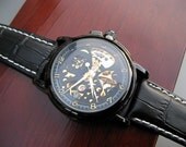 Mechanical Luxury Wrist Watch with Genuine Black Leather Wristband - Automatic Watch - Victorian Steampunk Era - Groomsmen - Item MWA56