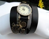Sale - Wrap Around Black Leather Wrap Watch - Leather Bronze Wrist Watch - Bunny on a bike Charm - Womens Watch