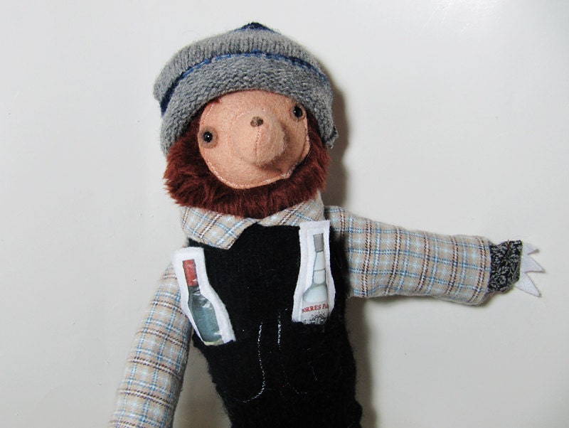 Stuffed Brown Fabric Bear in Clothing with Alcohol