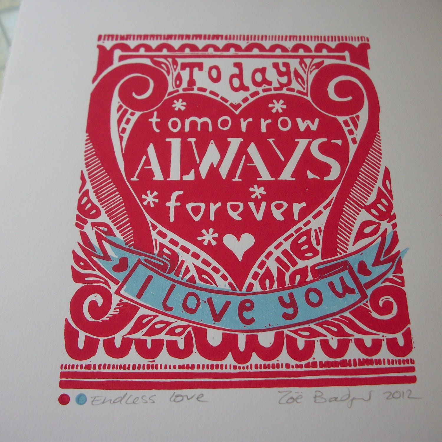 Valentines Endless Love linocut print.