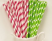 30 Pink and Green STRIPES and DOTS Paper Straw Mix with DIY Flags, Girl Parties, Baby Showers, Bridal, Wedding, Paper Drinking Straws