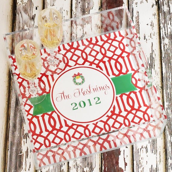 Lucite Tray Acrylic - Modern Trellis Holiday 12x12 Tray - By A Blissful Nest - Personalized Il_570xn