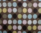 Fabric Destash -- Blue Pink Yellow White Dots on Brown --  3/4 yard