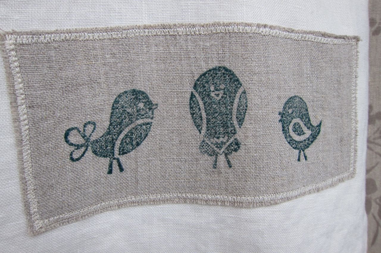 linen tunic dress with birds teal block print (deep ocean green on toast patch, winter white)