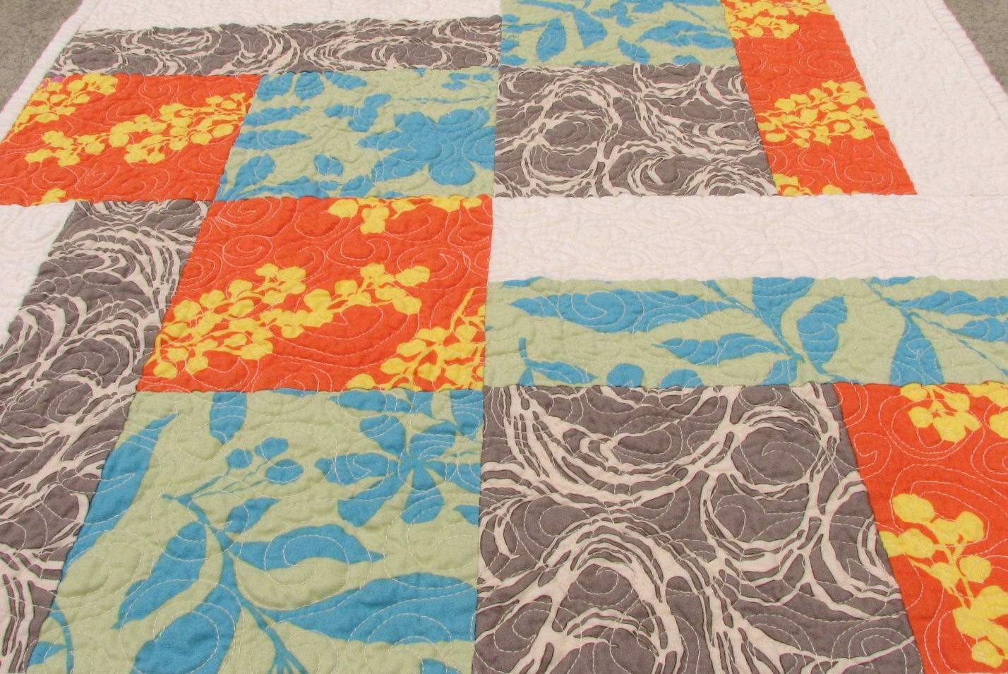 Organic Cotton Baby or Travel Quilt, Teal, Orange and Grey