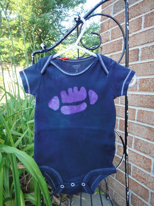 Baby Bodysuit: Black with Purple Batik Football, Short Sleeves (3 months) READY TO SHIP