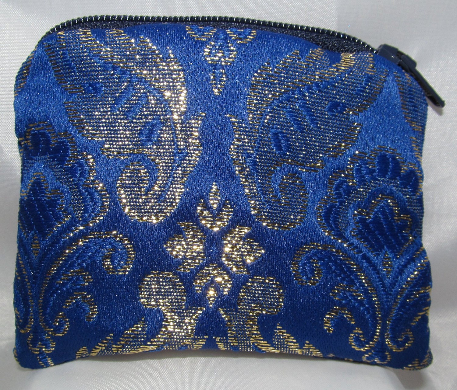 Small Blue and Gold Brocade and Satin Coinpurse Coin Purse Pendulum Crystals Zipper Bag