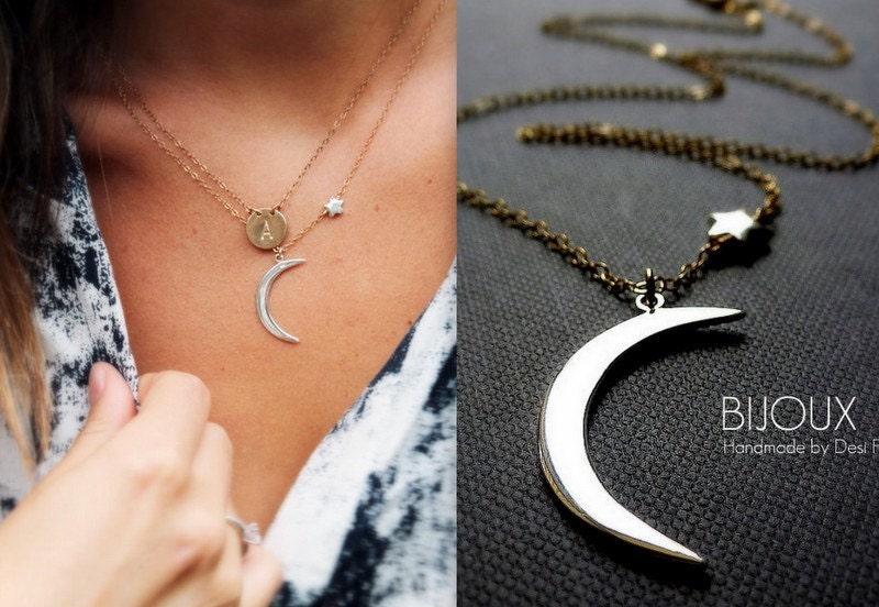 Crescent Moon and Star Necklace - Mixed Metal - 14K Goldfilled and Silver - "Serendipity" Necklace...