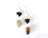 Black Onyx & Labradorite Earrings - Geometric Gemstone Jewelry - Stone Triangle Earrings - Sterling Silver - Faceted Point