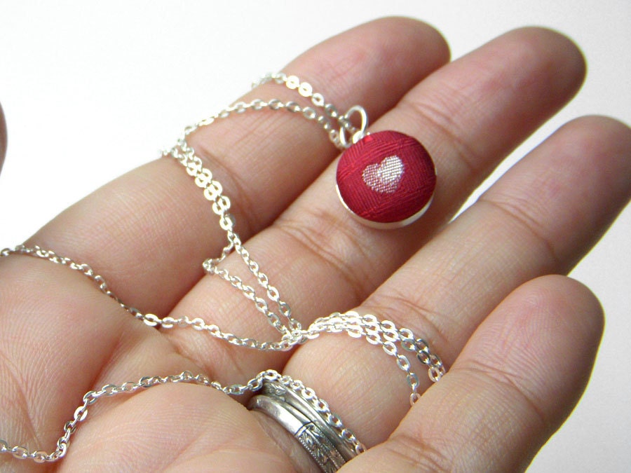 Tiny Heart Necklace Sterling Silver Red Reclaimed Necktie