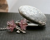 Silver Locket Necklace , Round Locket , Hope Charm, Awareness Necklace , Pink, Flowers, Silver Locket , Flower Locket  - Hope