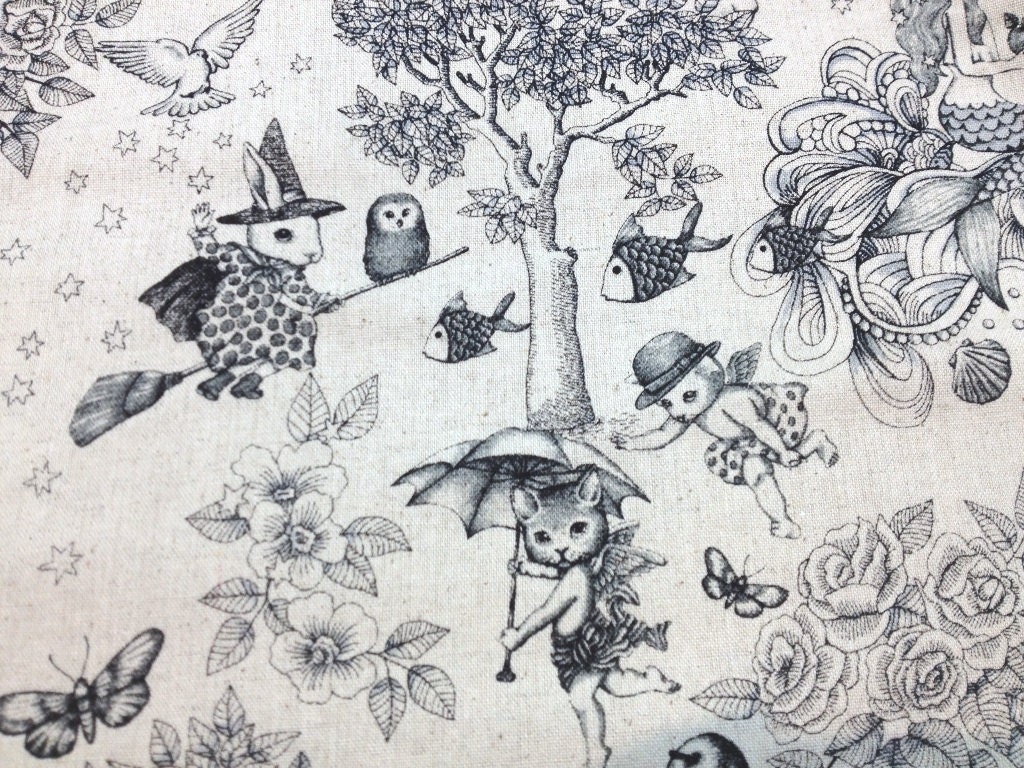 Japanese Cotton Linen Blended Fabric - Cosmo Textile, Half Yard - Kawaii Rabbit, Cat, Animal- NT449