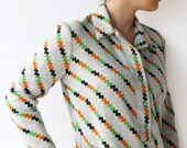 Vintage 1970s Tetris Carrot and Kelly Green Button-Up Blouse