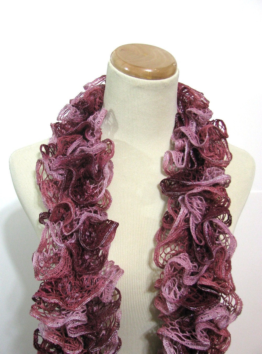 Hand Knit Ruffled Scarf - Red Mauve Garnet Pink