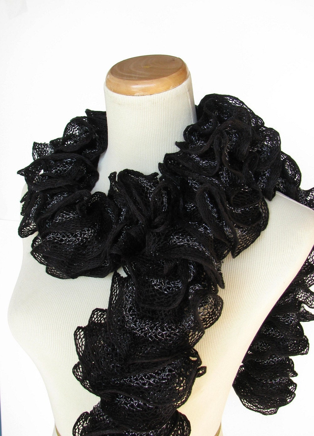 Black Hand Knit Ruffled Scarf
