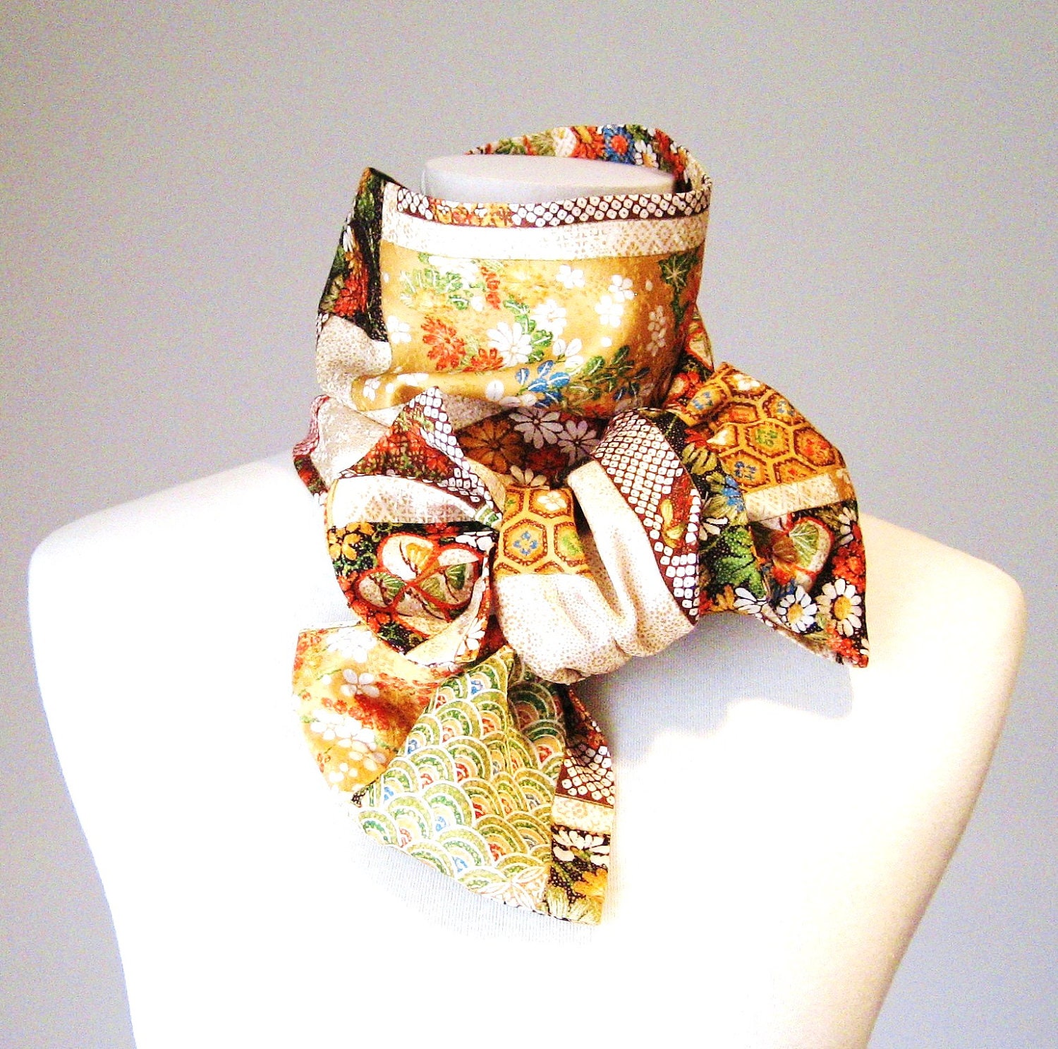 Vintage KIMONO Scarf golden forest ivory based gold orange red brown black size free Ready to ship