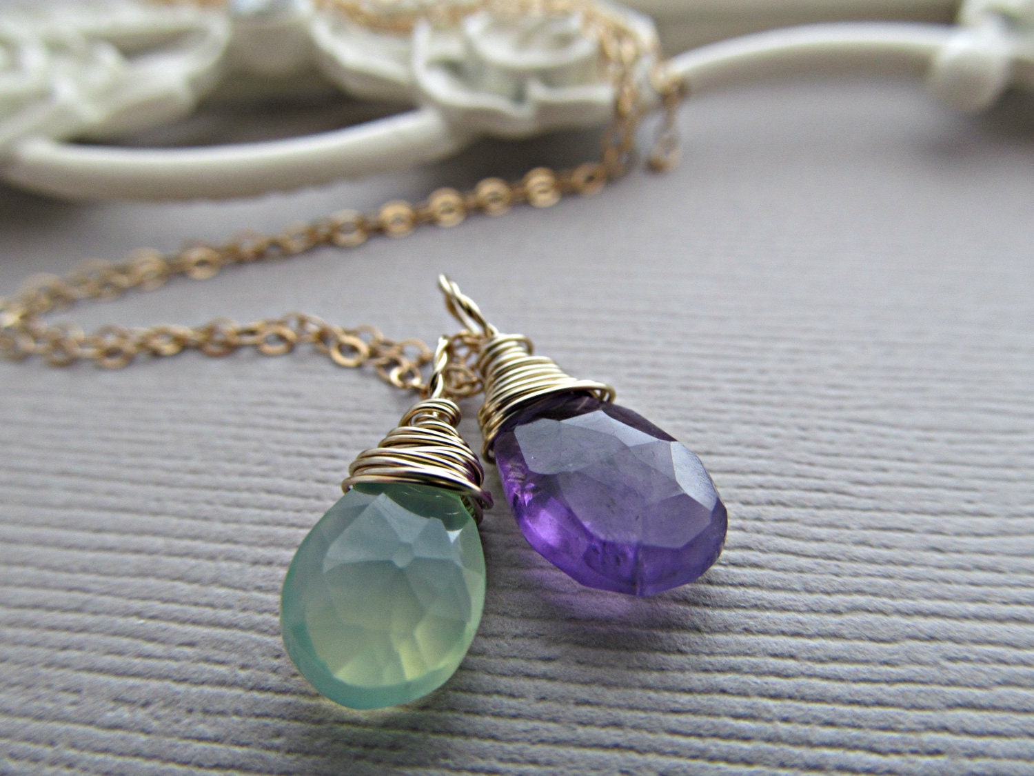 Amethyst and Sea Green Chalcedony necklace, birthstone, simple necklace, gold fill, wire wrapped solitaire, everyday jewelry