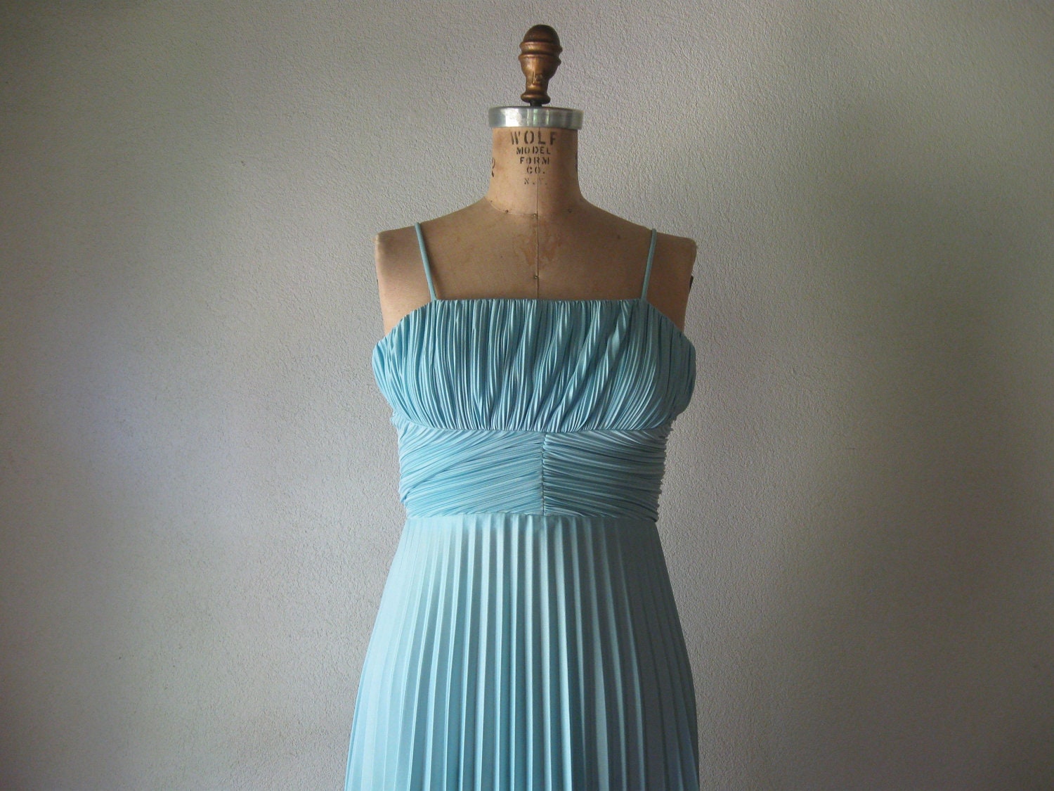 vintage 1960s to 1970s dress / grecian goddess aqua pleated gathered bust empire waist