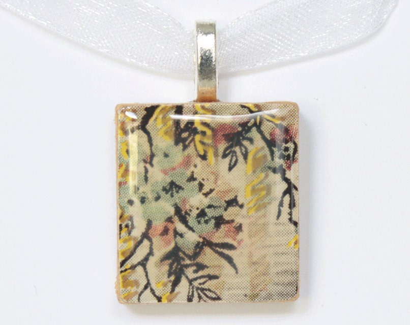 Scrabble Pendant: Asian Floral Charm, Handmade from Vintage Magazines and Catalogs, Upcycled Scrabble Tile Necklace, One of A Kind, No. 1399
