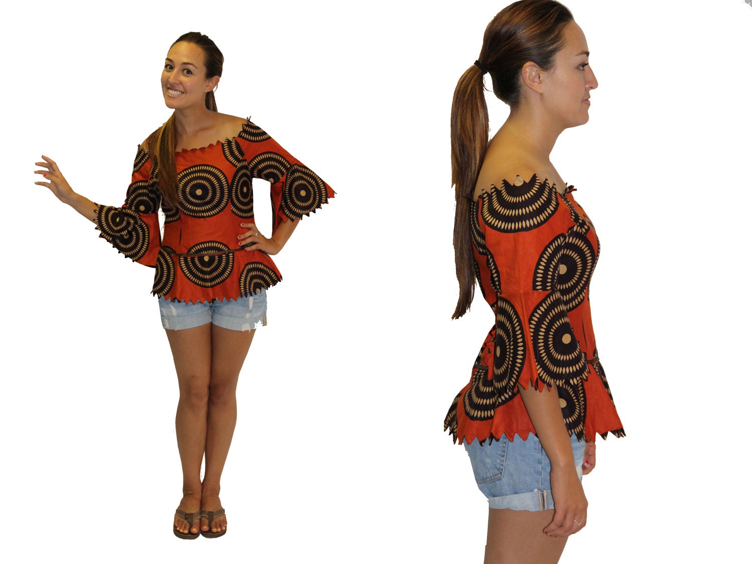 SALE - Vintage Top Off Shoulders Ethnic Print Sawtooth Neckline