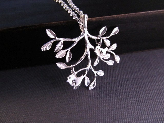 Family Tree Necklace, Silver with Bird Initial Charms, Personalized Necklace, Pendant Necklace, Mother Jewelry, Gift for Mom