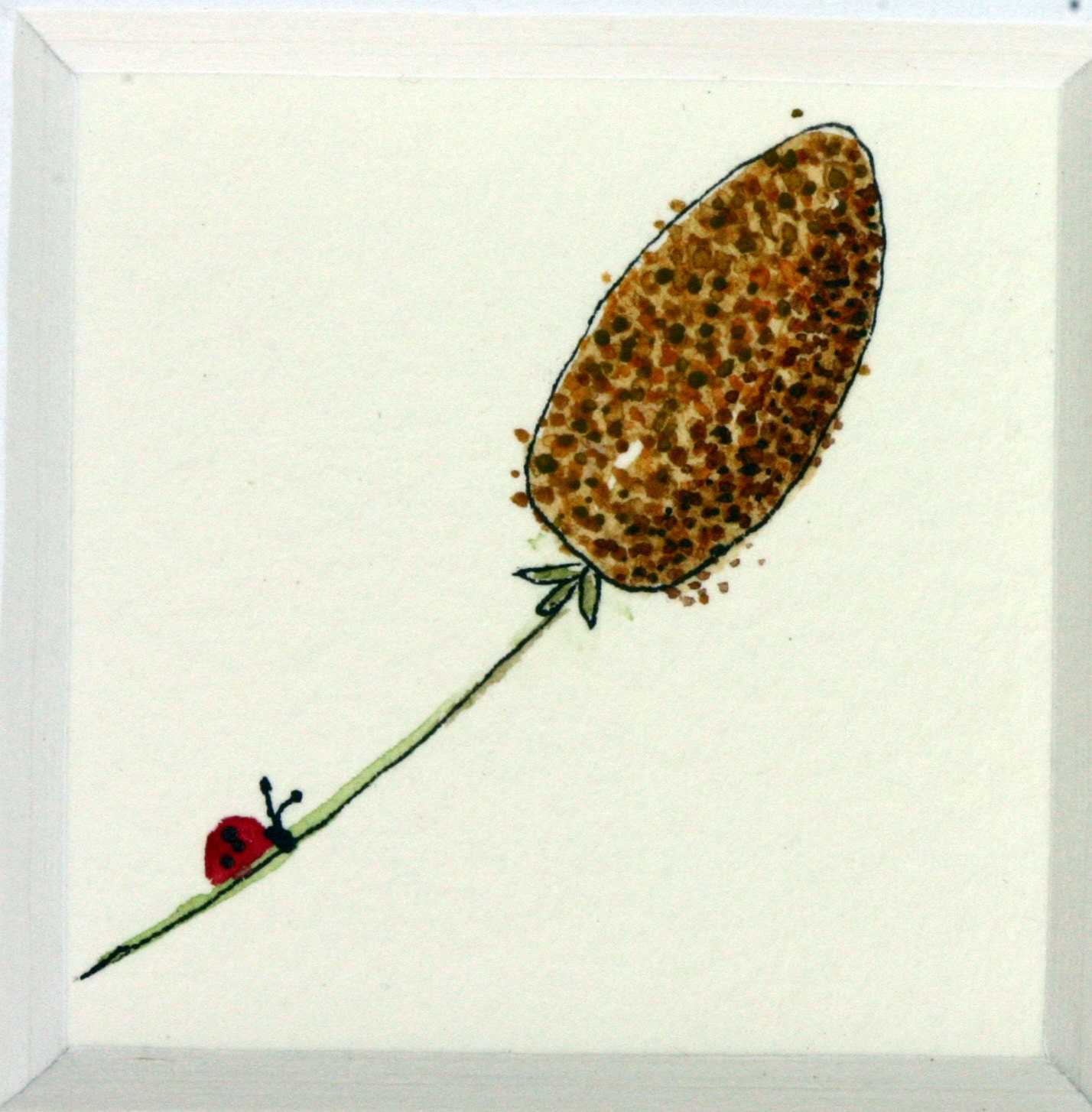 Thistle with lady bug mini watercolor, brown, fall, garden, nature, simple, whimsical