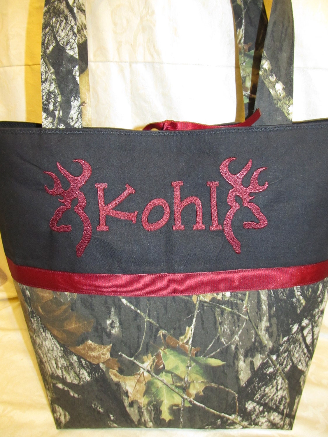 Handmade mossy oak camo camouflage black burgundy browning inspired buck deer diaper bag / tote bag  you choose name