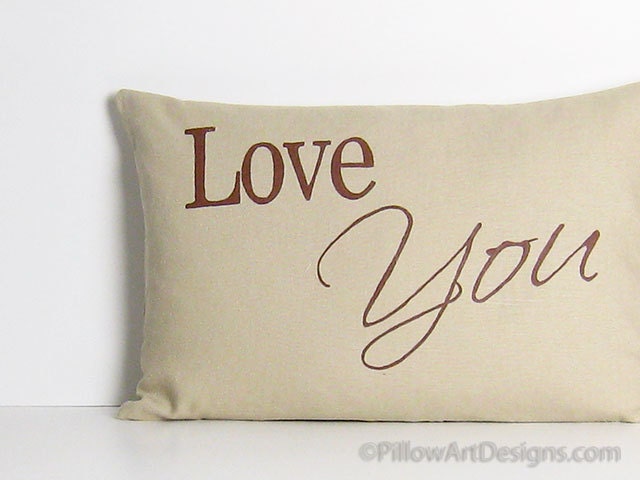 Beige Linen Pillow Cover Love You Hand Painted
