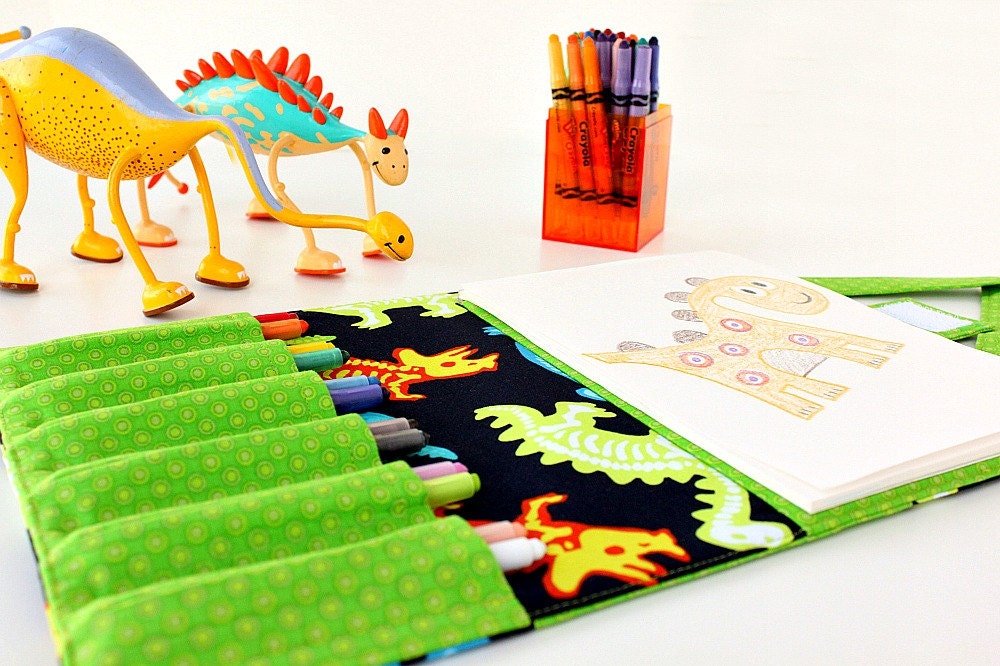 Travel bag for crayons - large crayon wallet - crayon tote - Dino Bones
