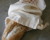 Organic Linen Drawstring Baguette Bread Bag- Hand Screen Printed with Wheat Design