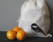 Produce Bag- Organic Linen- Drawstring Bag-Screen Printed- Chickadee- Gift Bag