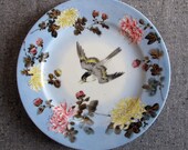 Plate Chinese Handpainted 1910s Bird Starling Pinfeathers in Flight Chrysanthemum Asian