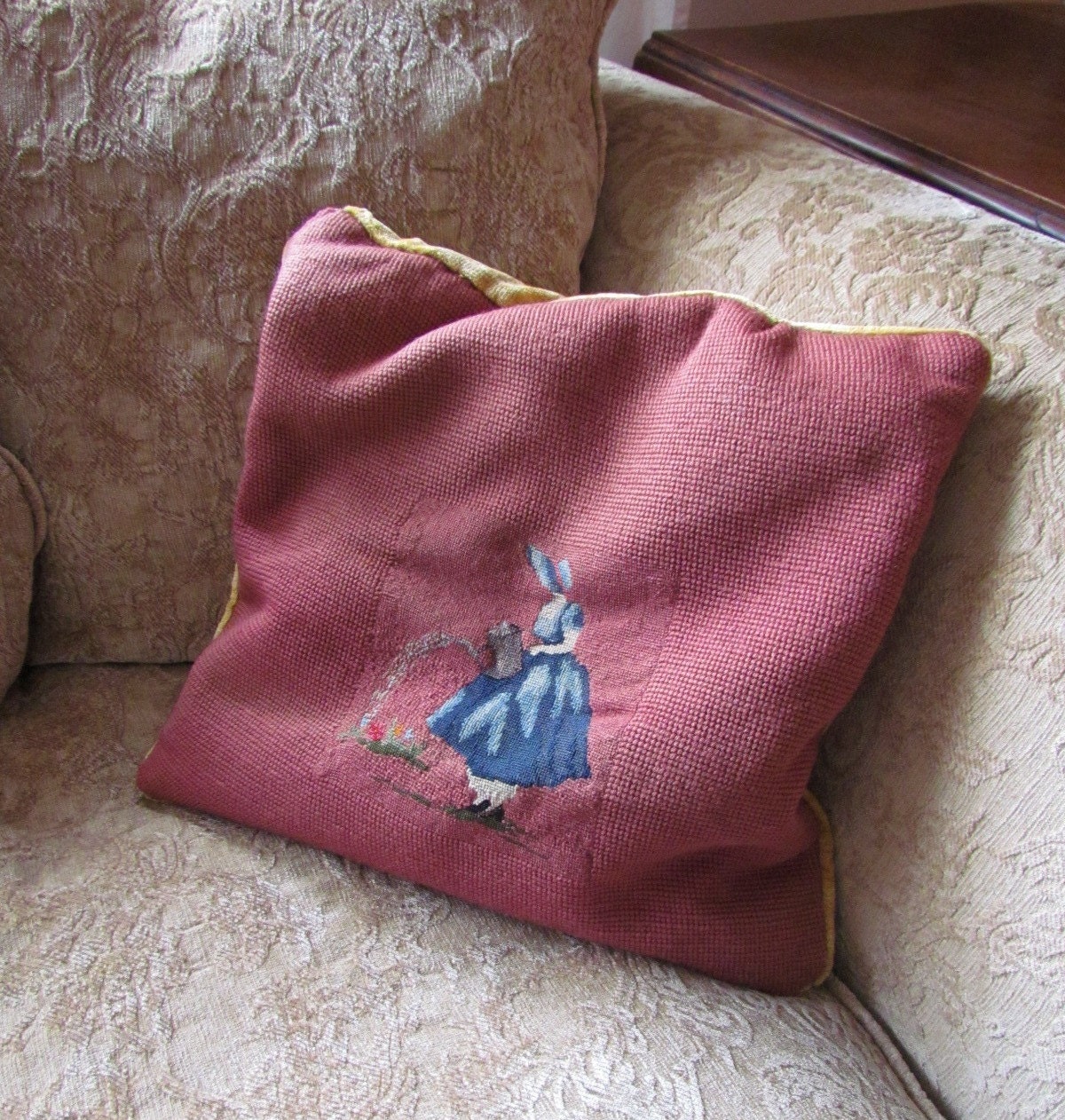 Vintage Needlepoint Pillow Lady Watering her Garden