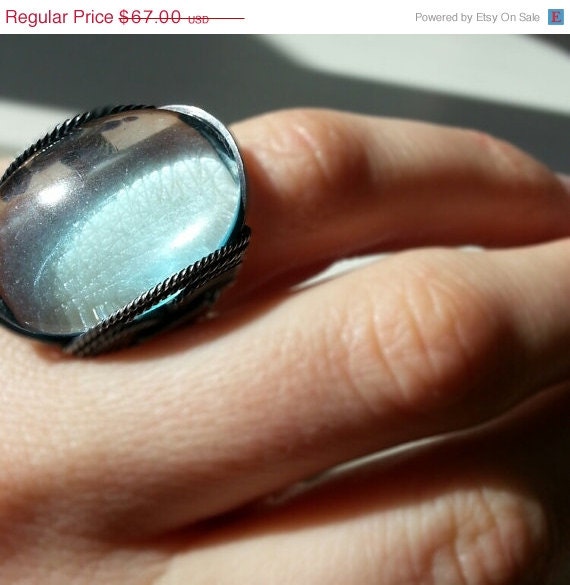 SALE Aqua Blue Glass Ring, Ocean Blue, Sky, Tropical Waters, Recycled Oxidized Silver, Custom Sized, Any Size, Handmade Jewelry, Wire Ring