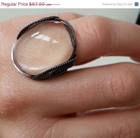 SALE Clear Glass Bubble Ring, Translucent Glass Oval Cabochon, Recycled Oxidized Silver, Custom Sized Ring, Handmade, Wire Ring, Statement