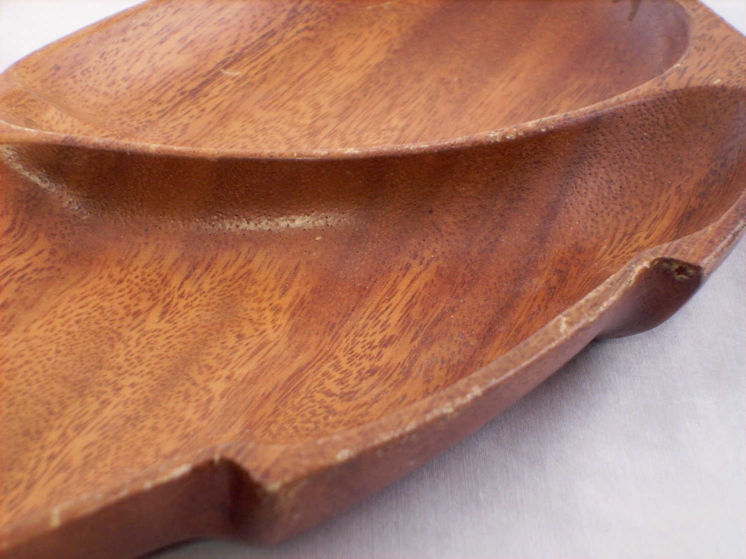 Monkey Pod Wood Tray, Leaf Shaped Divided Storage Decor, Vintage