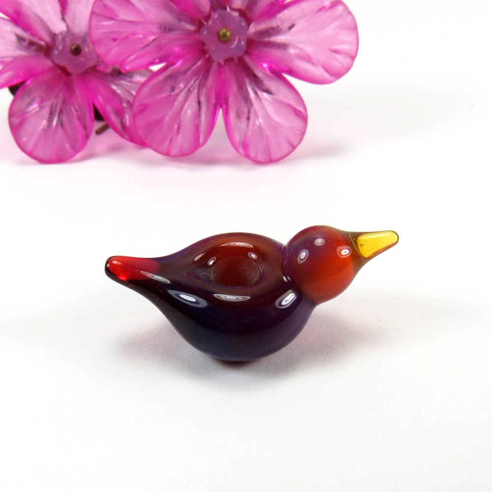 Bird Troll bead, sra lampwork glass bird, big hole European charm bead - Purple